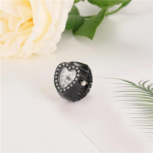 Romantic Black Heart Watch Ring – Crystal-Accented Timepiece Jewelry - Picture 5 of 6
